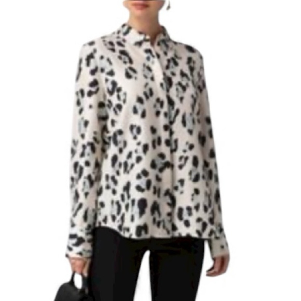 Lafayette 148 Scottie Silk Animal Print Leopard Black Cream White Blue Blouse M - Picture 1 of 11